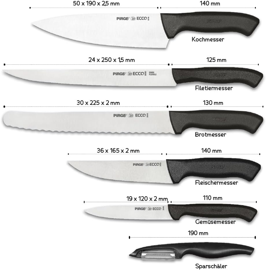 Pirge Ecco Starter Set Profi Messerset mit Tasche 7 Stück - Profi Kochmesser Set - Edelstahl Profi K