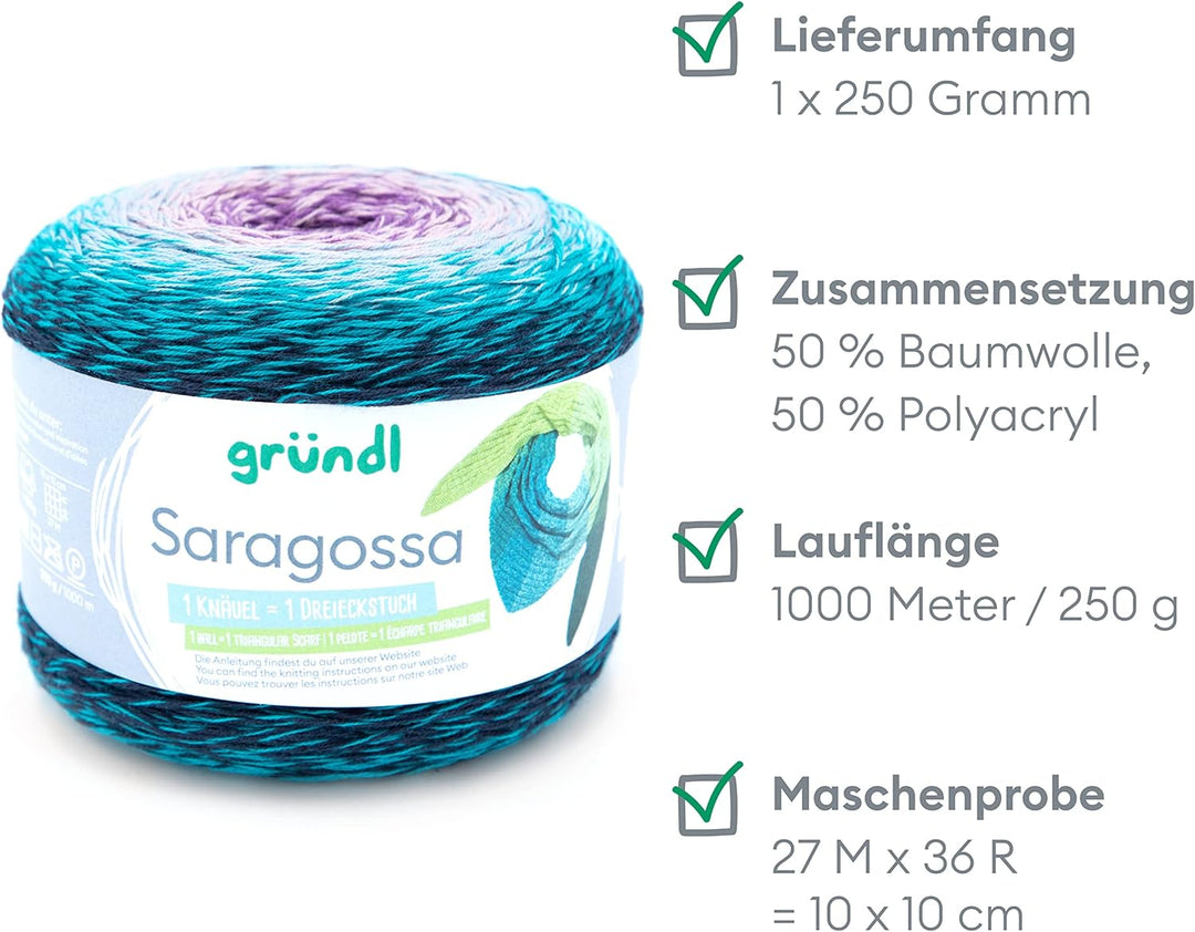Gründl Wolle Saragossa (weiches Farbverlaufsgarn aus 50% Baumwolle und 50% Polyacryl, 250 g / 1000 m