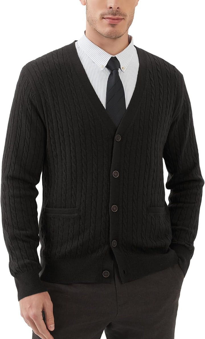 Kallspin Herren Strickjacke aus Wollmischung Zopfstrick Cardigan mit Knopfverschluss und Taschen M S