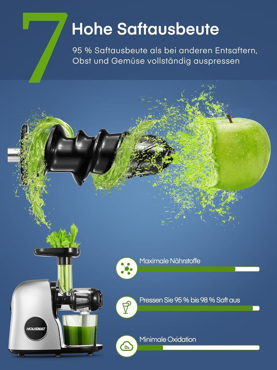 HOUSNAT Slow Juicer, Entsafter GemĂŒse und Obst, Profi Entsafter mit Ruhigem Motor â Umkehrfunktion â