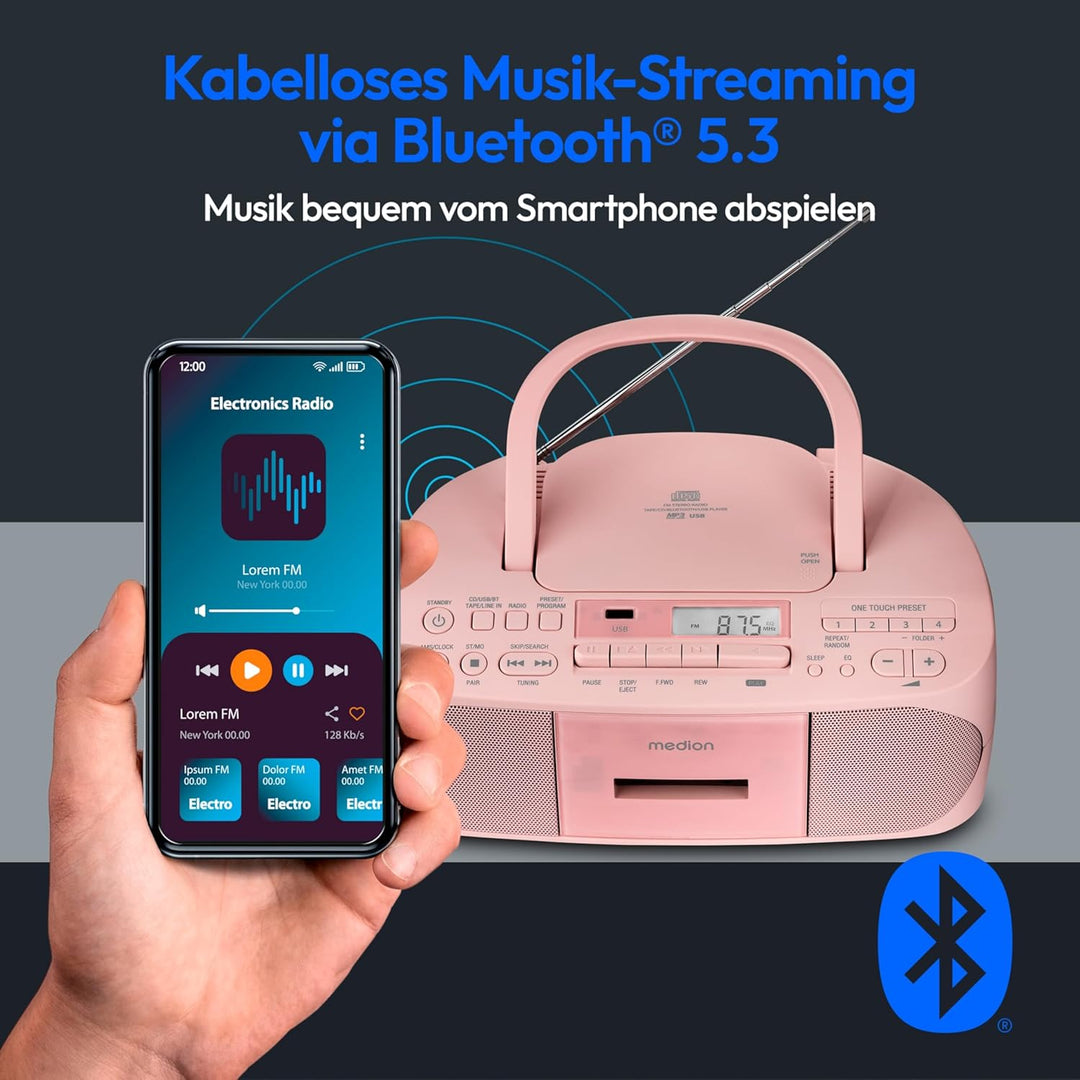 MEDION E65010 Stereoradio (CD-Player, Kassette, USB Anschluss, AUX Audioeingang, MP3-Widergabe. UKW