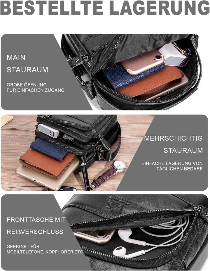 Umhängetasche aus Echtem Leder Herren Casual Fashion Crossbody Tasche Multifunktionaler Taschenbeute