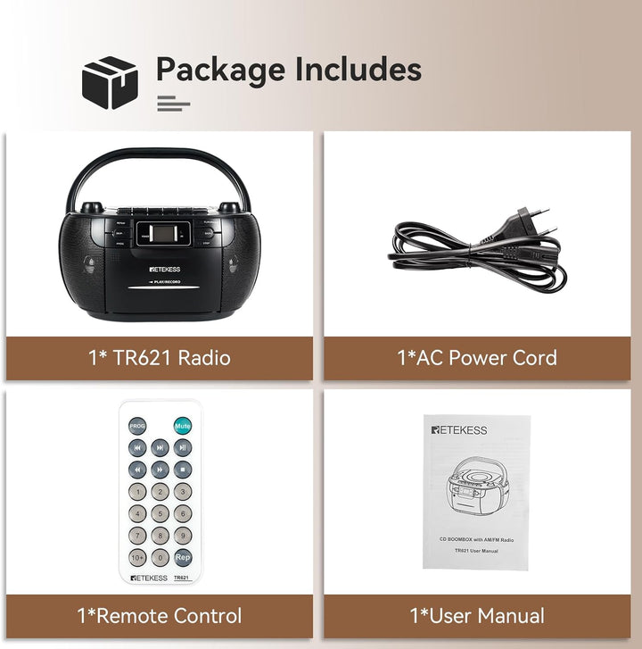 Retekess TR621 Tragbares CD Radio,Kassettenspieler CD,Stereo mit AM FM-Radio,Kassettenrekorder,Unter