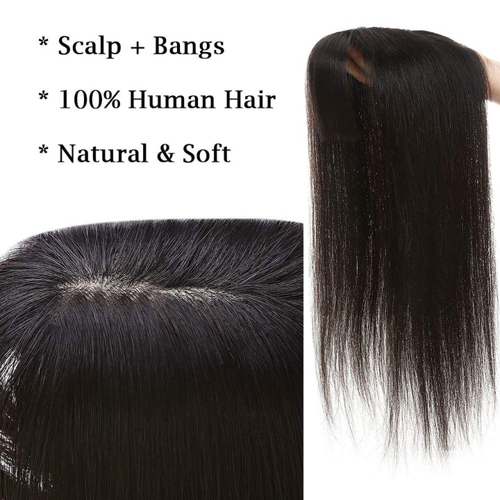 Silk-co Hair Topper Echthaar mit langem Pony, Toupet Damen 10x12cm Basis, Haartopper Echthaar mit Re