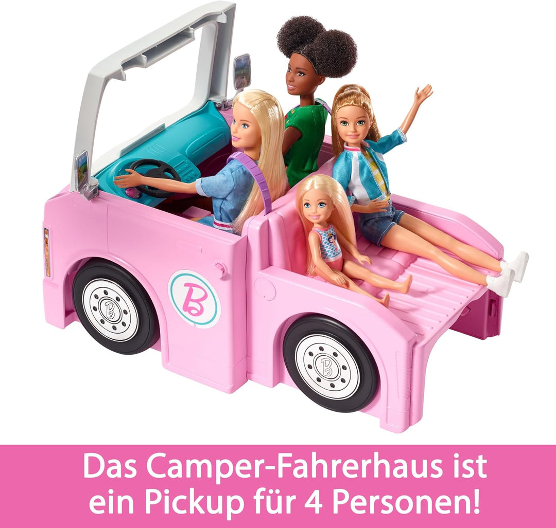 Barbie 3-in-1 DreamCamper Vehicle, approx. 3-ft, Transforming Camper with Pool, Truck, Boat and 60