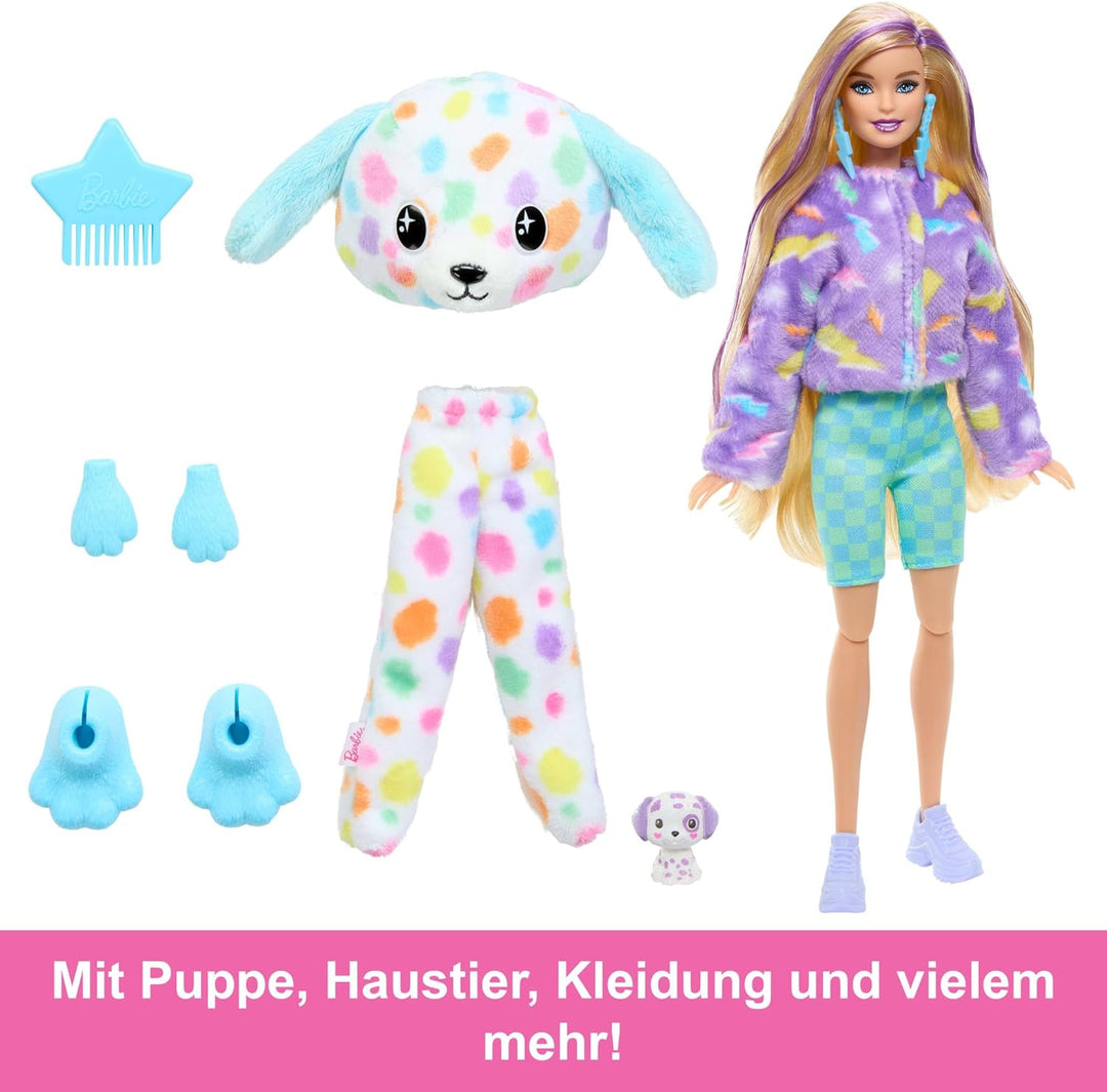 Barbie Cutie Reveal Puppe und Accessoires, Regenbogen-Dalmatiner-Plüschkostüm und 10 Überraschungen