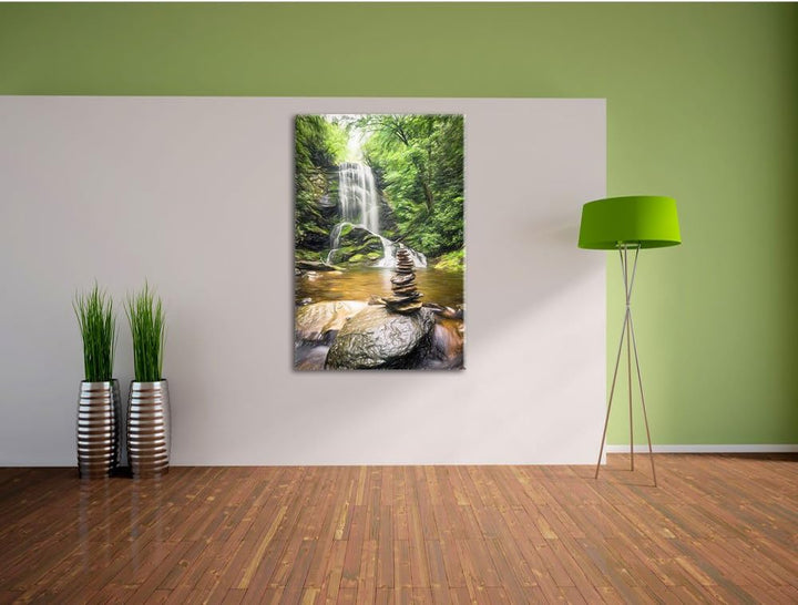 Pixxprint Zen Steine vor Wasserfall Kunst Buntstift Effekt, Format: 100x70 auf Leinwand, 100x70