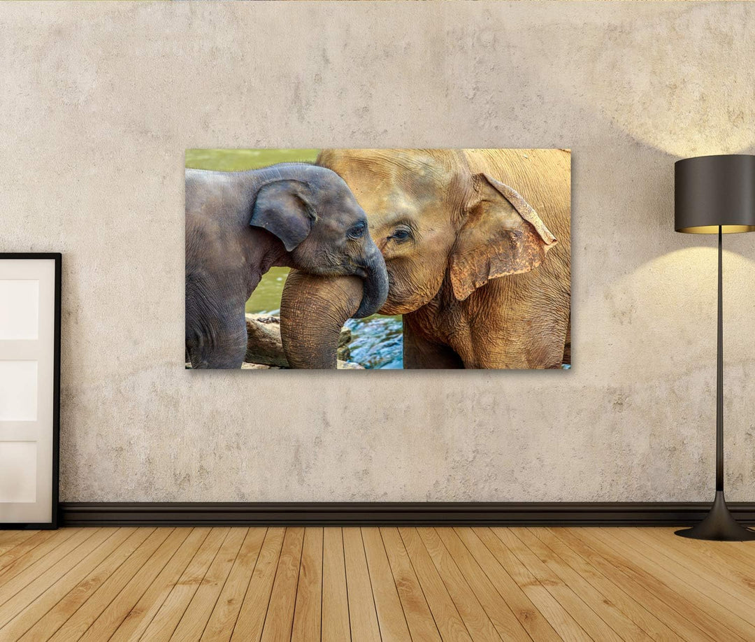 islandburner Bild auf Leinwand Elefantenbaby Elefant Kuschelnd Bilder Wandbilder Poster, Leinwand 80