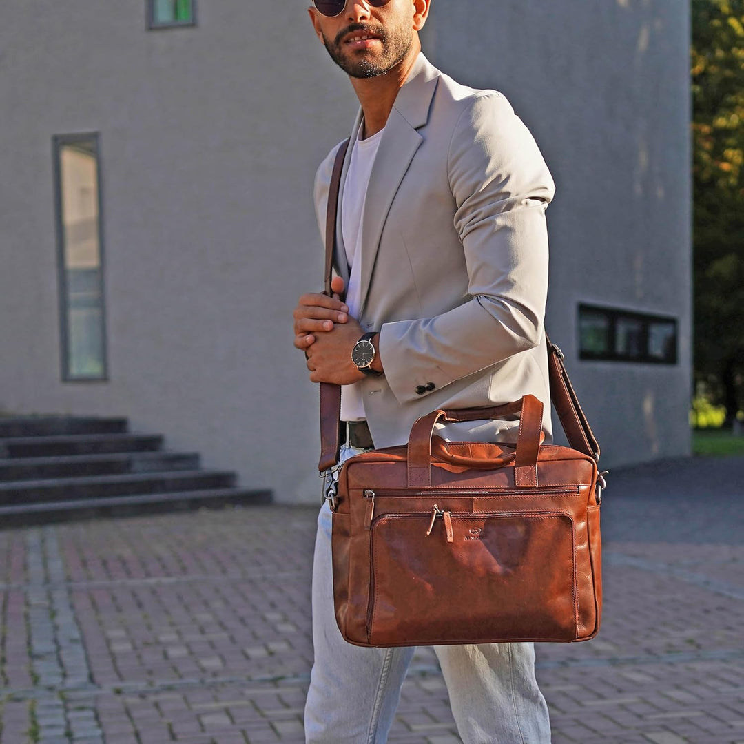 ALMADIH Leder Businesstasche Laptoptasche 15 Zoll Aktentasche BRUNO tolle Aufteilung Leder Business