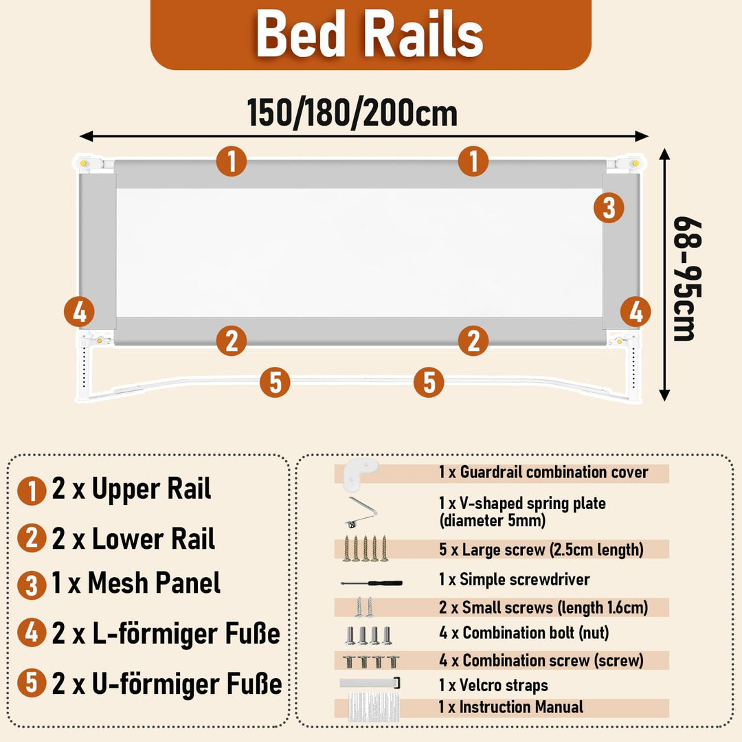 Tubiaz 180cm Bettgitter Rausfallschutz, Klappbare Bettschutzgitter mit U-förmige Füsse, Kinderbettgi