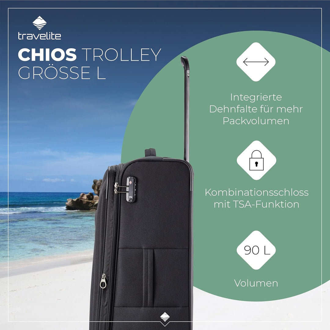 travelite 4-Rad Koffer Grösse L Weichschale, Gepäck Serie CHIOS mit Dehnfalte + Kantenschutz, Trolle