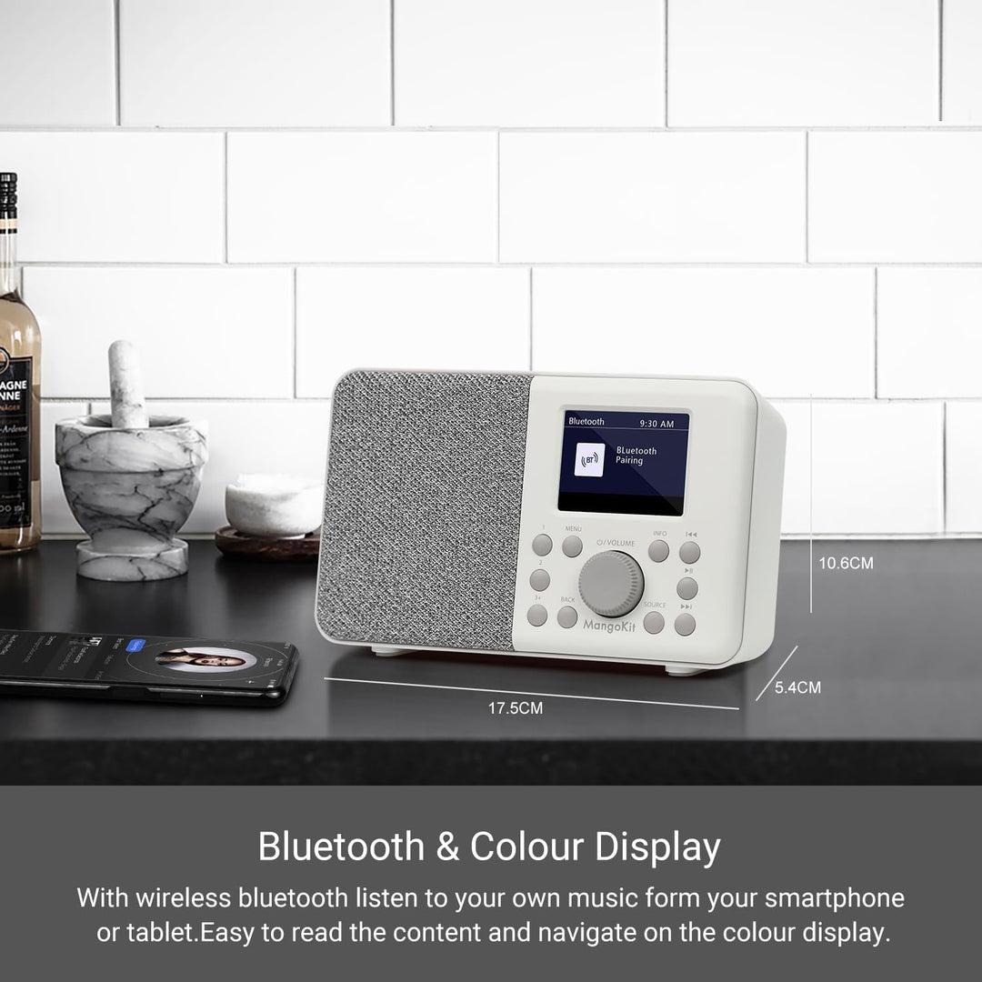 MangoKit MD3 DAB/DAB+ und UKW tragbares Digitalradio, Bluetooth-Lautsprecher, Kopfhörer, 40 voreinge