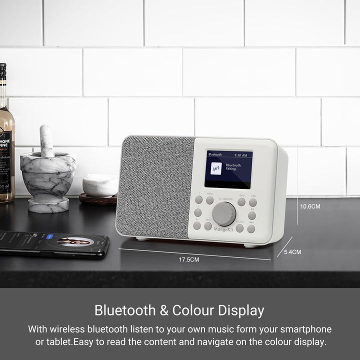 MangoKit MD3 DAB/DAB+ und UKW tragbares Digitalradio, Bluetooth-Lautsprecher, Kopfhörer, 40 voreinge