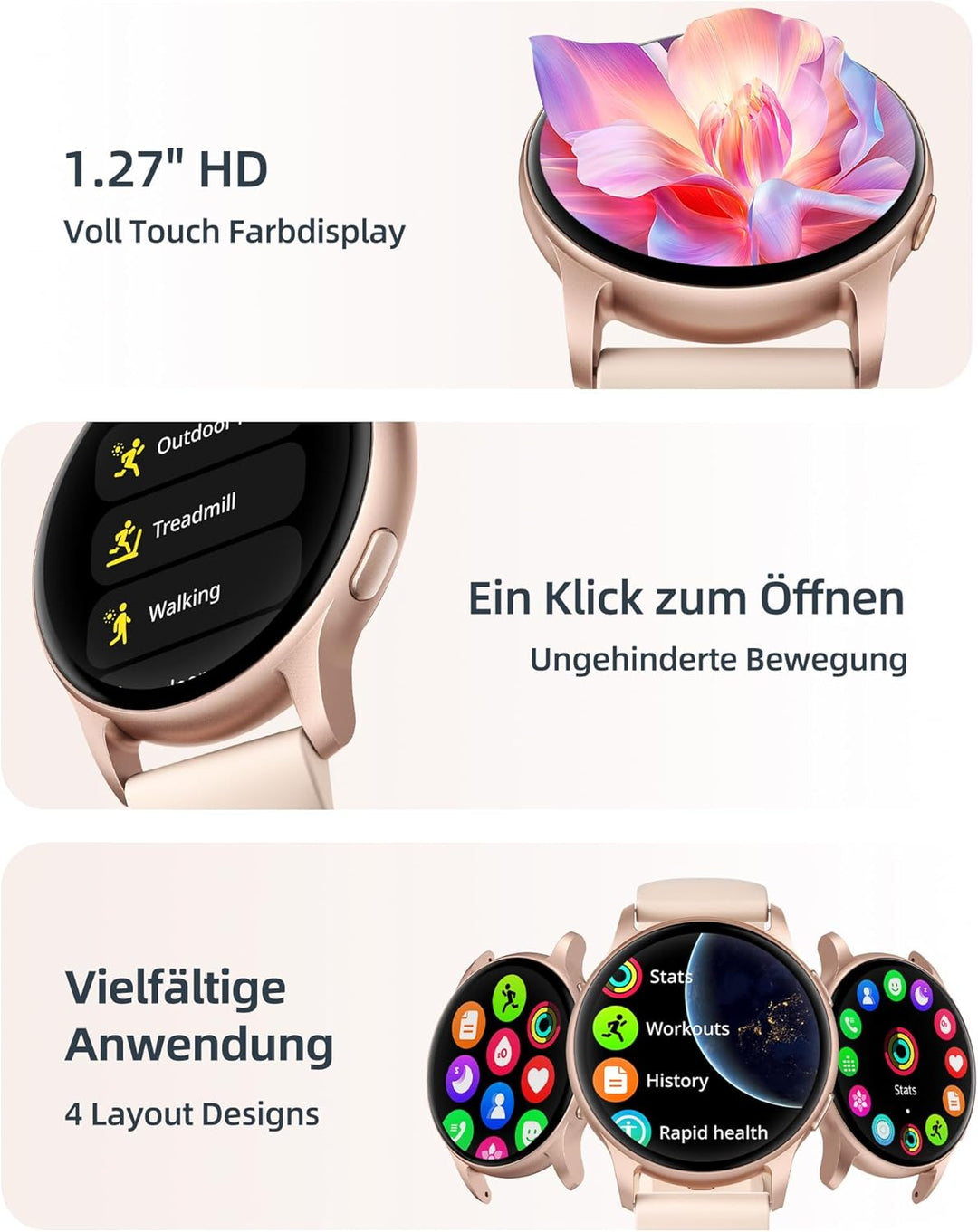 Smartwatch Damen mit Telefonfunktion, 5ATM Wasserdicht Schwimmuhr, 44 mm Fitnessuhr Damen mit 100+ S