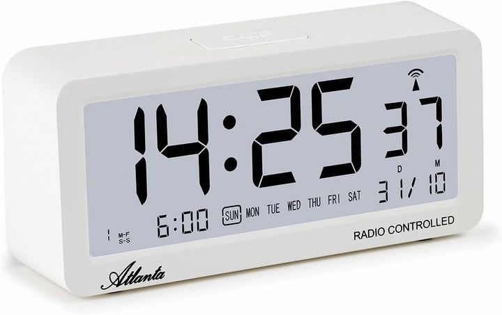 Atlanta Funkwecker Digital-Wecker LCD Snooze Licht Lautlos Ohne Ticken 3 Weckzeiten Alarme Weiss - 1