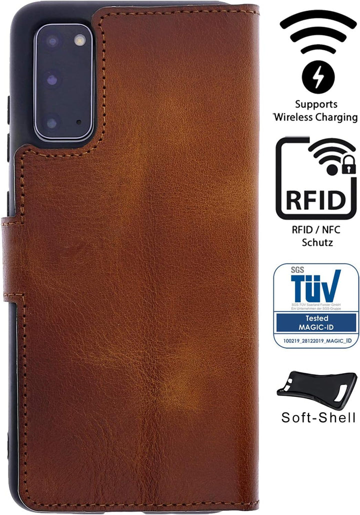 Burkley Handyhülle mit Ständer und Kartenfach für Samsung Galaxy S20+ Leder Handytasche mit Magnetve