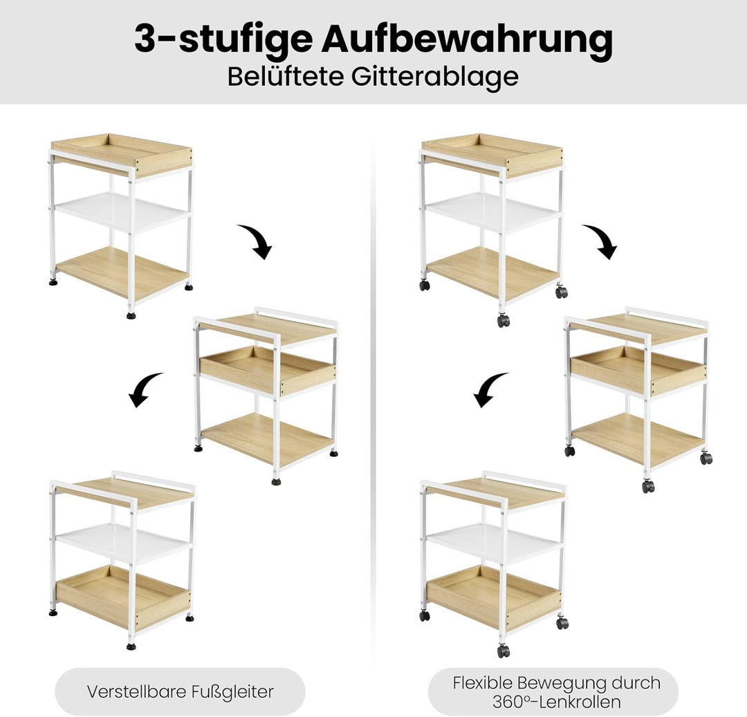 WOLTU Beistelltisch Couchtisch Sofatisch Nachttisch, mit Rollen, feststellbar, 3 Ablagen 1 abnehmbar