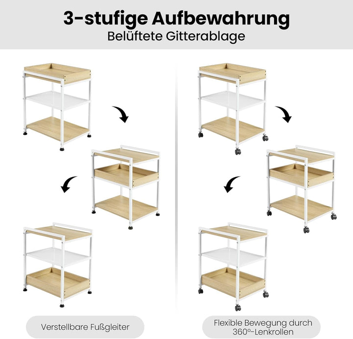 WOLTU Beistelltisch Couchtisch Sofatisch Nachttisch, mit Rollen, feststellbar, 3 Ablagen 1 abnehmbar