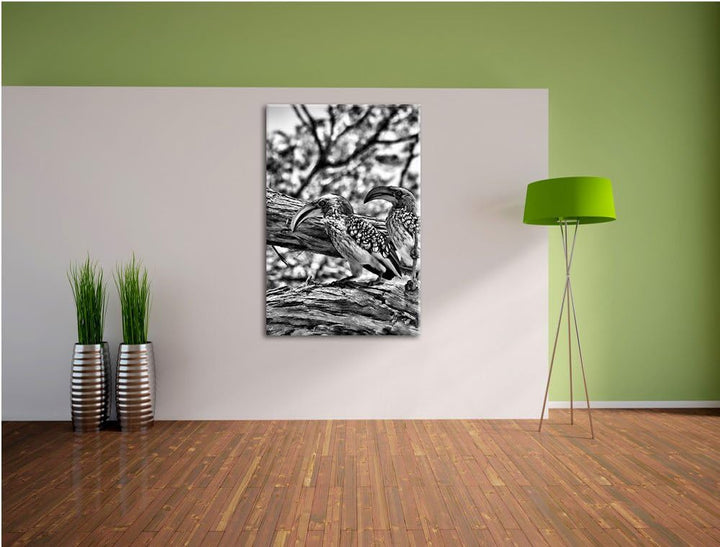 Pixxprint Zwei exotische Vögel auf Baum / 100x70cm Leinwandbild bespannt auf Holzrahmen/Wandbild Kun
