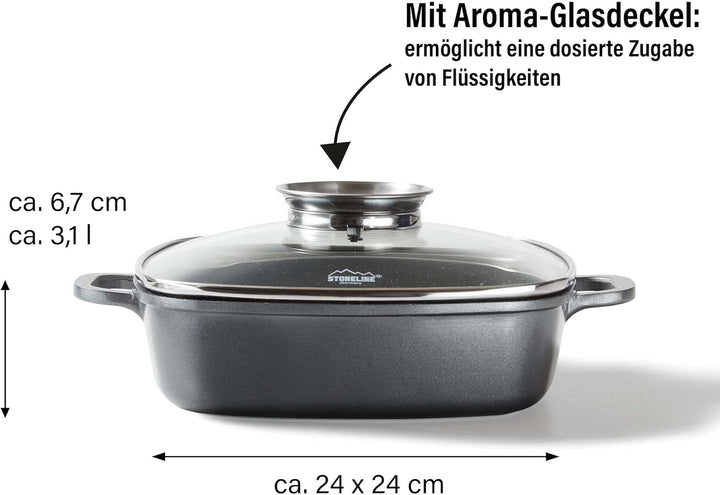 Stoneline Eckpfanne, 24x24 cm, mit Aroma Glasdeckel, Induktion, Aluminium, antihaft beschichtet mit