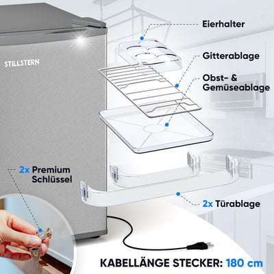 Stillstern Mini Kühlschrank E 45L mit Abtauautomatik, Schloss, Frostfach, Leise, Ideal für Küche, Bü