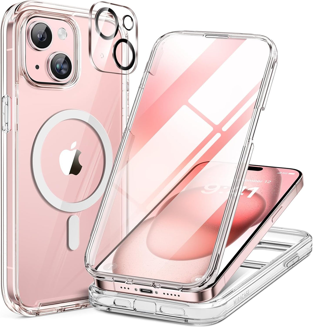 Miracase 360 Grad für iPhone 15 Hülle Magnetisch mit Eingebaut Glas Schutzfolie und Kameraschutz, Ko