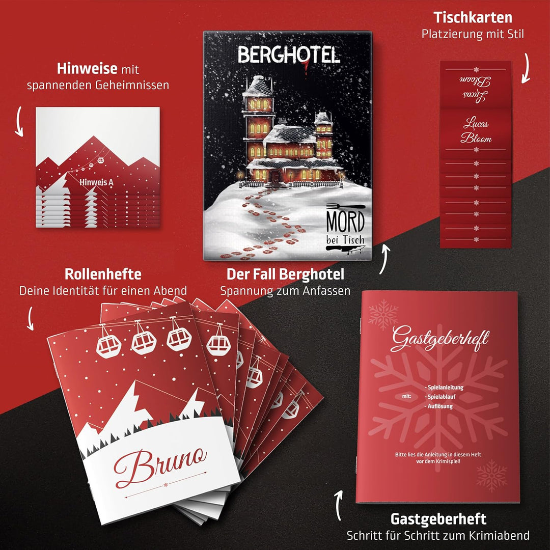 Mord bei Tisch Krimidinner für Zuhause - 6 bis 8 Personen - Der Berghotel Fall - Das Krimi Spiel ab