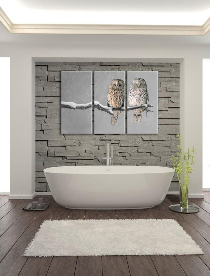 Pixxprint Zwei Eulen in Winterlandschaft als Leinwandbild | Grösse: 3 Teilig (120x80) | Wandbild| Ku