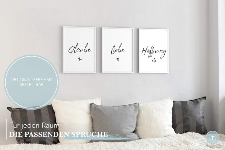 Papierschmiede® Spruch Poster 3er Set in DIN B2 (50x70 cm), Glaube Liebe Hoffnung, Typografie Bilder