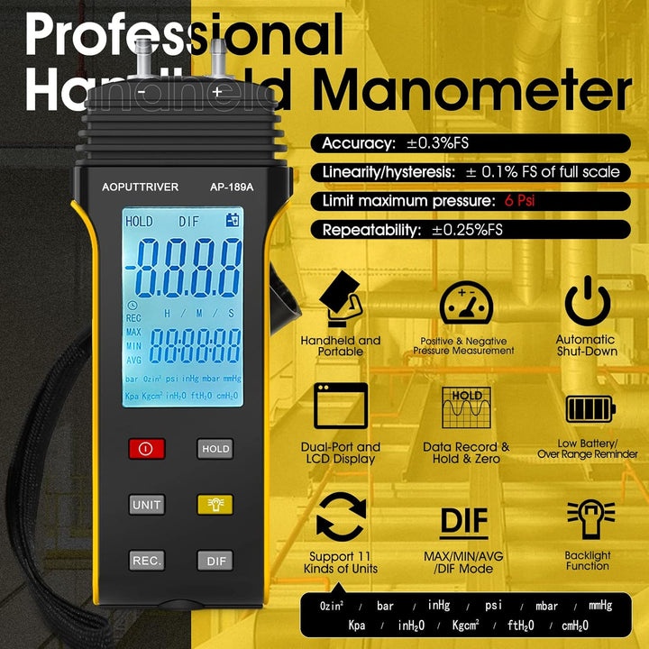Manometer, AOPUTTRIVER AP-189A Professionelles Luftdruckmessgerät, Gasdruckmessgerät mit zwei Anschl