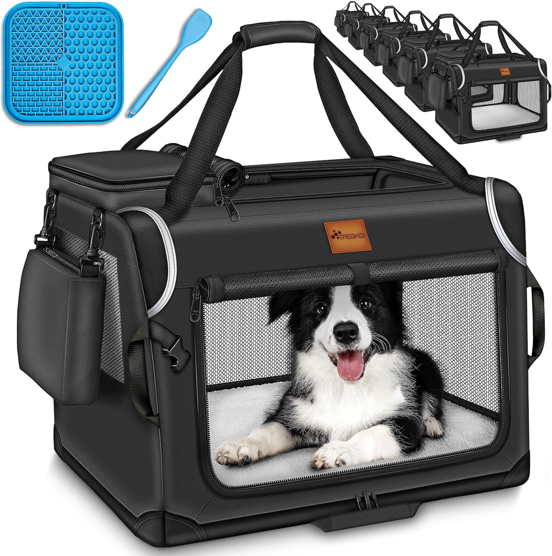 TRESKOยฎ Hundebox faltbar inkl. Leckmatte, Spatel & Reflektoren M 61x42x42cm | Transportbox fรผr Hunde