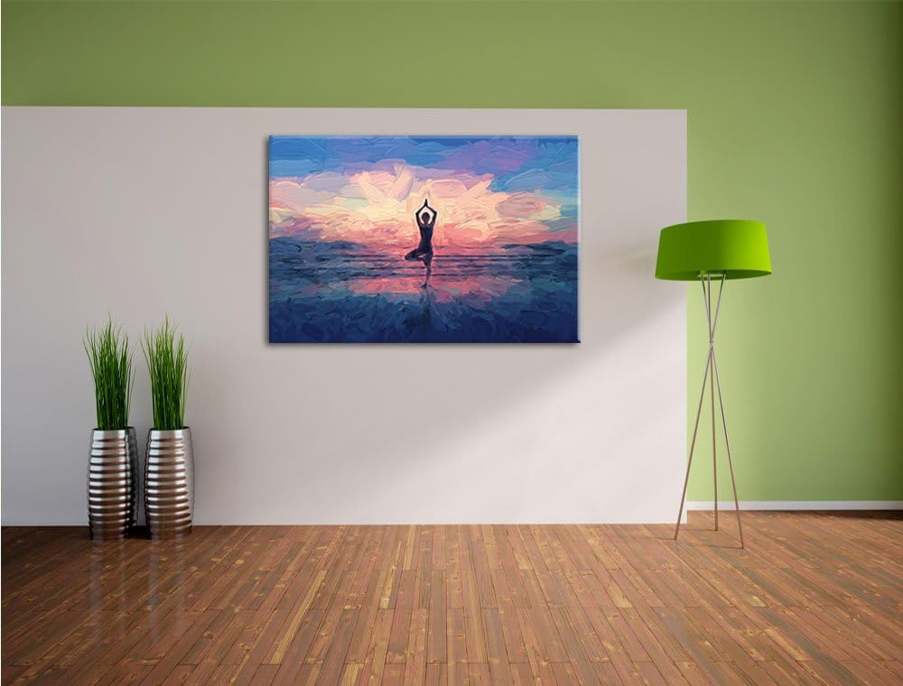Pixxprint Yoga am Strand Kunst als Leinwandbild/Grösse: 100x70 cm/Wandbild/Kunstdruck/fertig bespann
