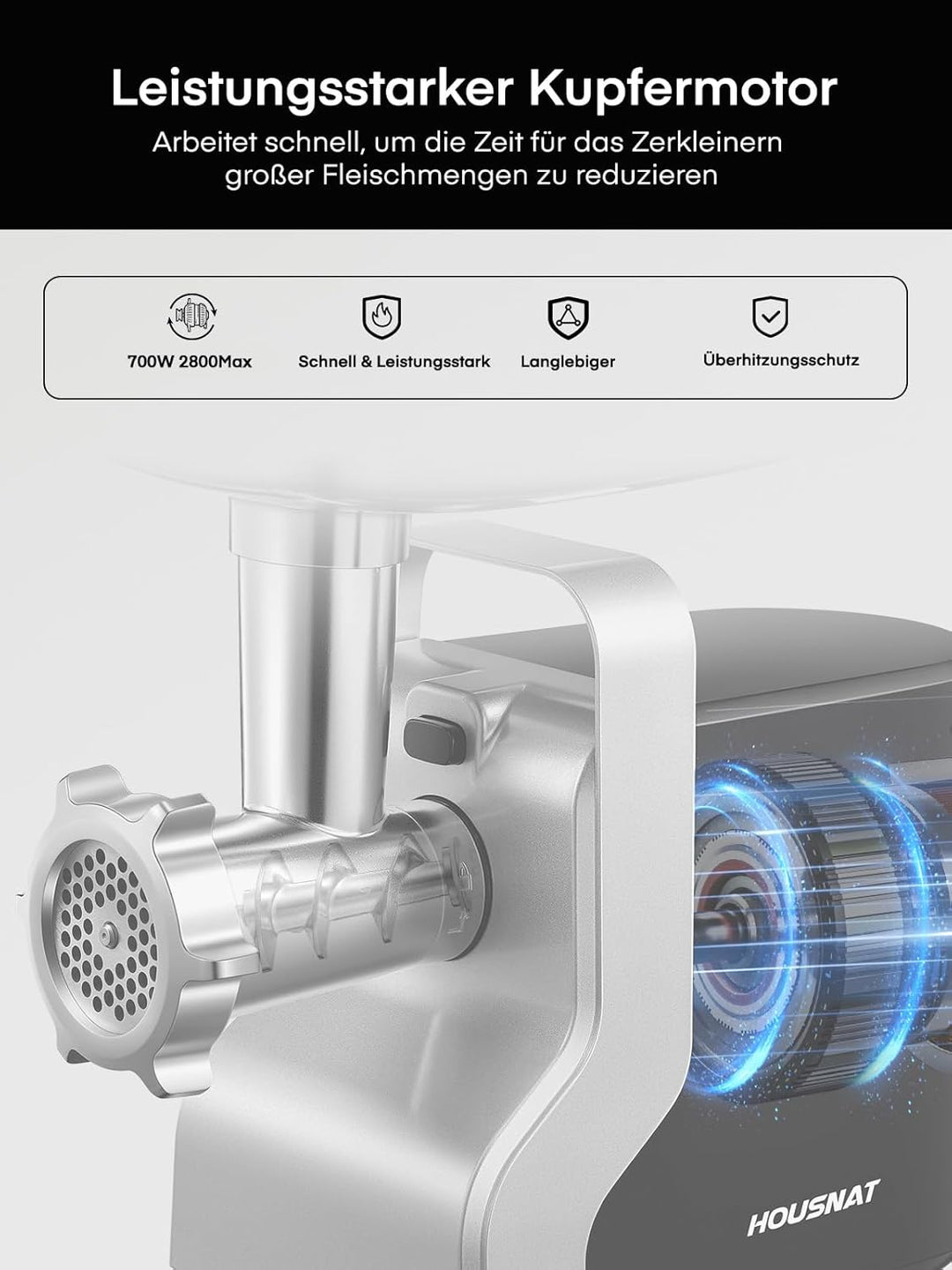 Fleischwolf, HOUSNAT 5 in 1 Fleischwolf Elektrisch Profi mit 3 Edelstahl Loch-Scheiben(3, 5 7mm) & 4