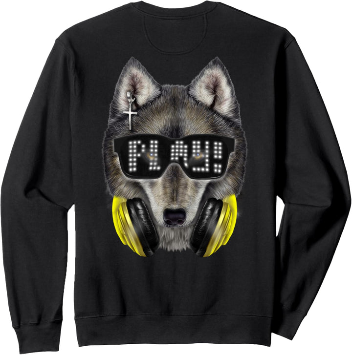 Grauer Wolf, die Hipster-Sonnenbrille und Kopfhörer trägt Sweatshirt