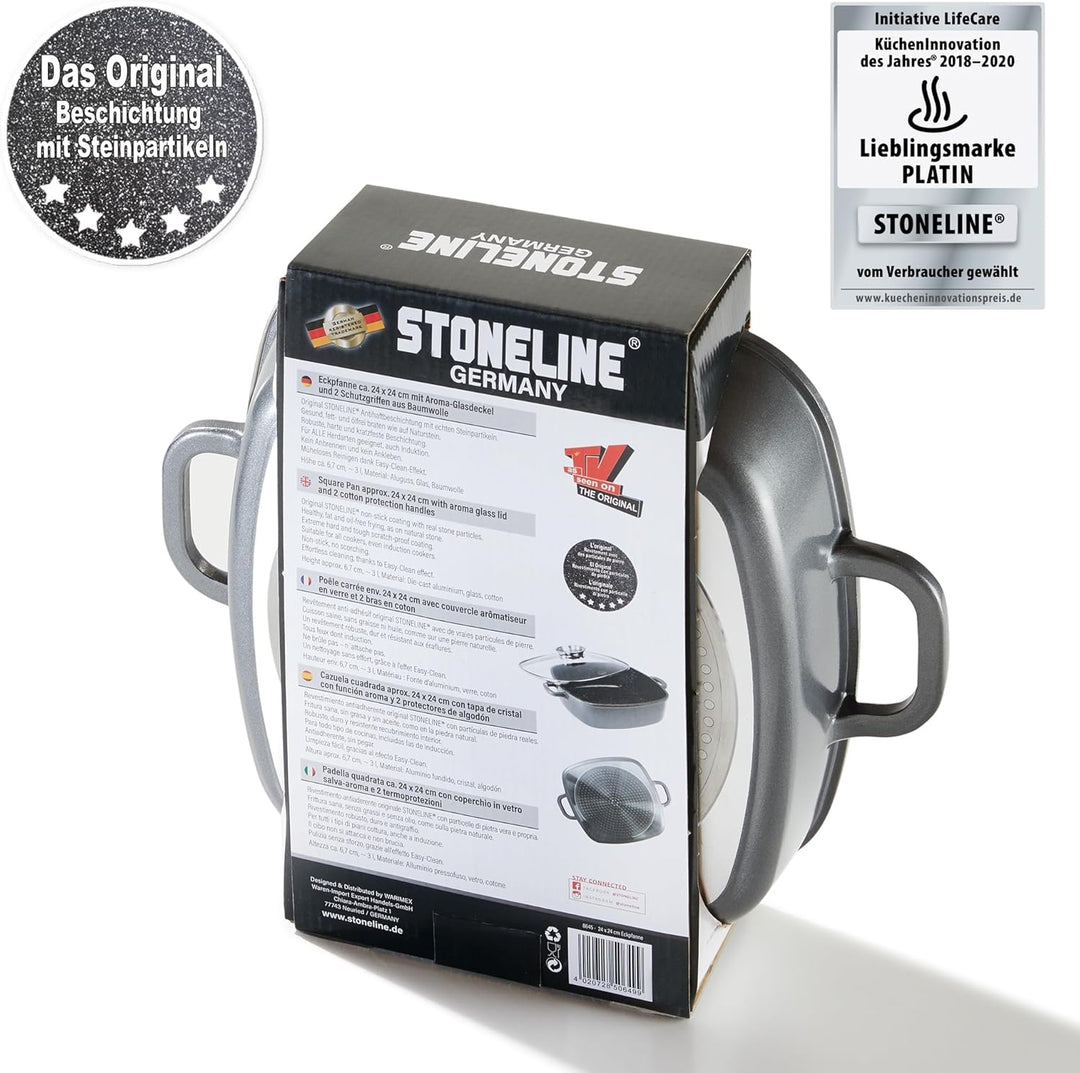 Stoneline Eckpfanne, 24x24 cm, mit Aroma Glasdeckel, Induktion, Aluminium, antihaft beschichtet mit