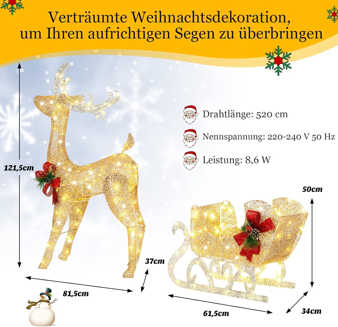 COSTWAY LED-Rentier mit Schlitten, Weihnachtsdeko, beleuchtete Rentier Weihnachtsfigur mit 100 warmw
