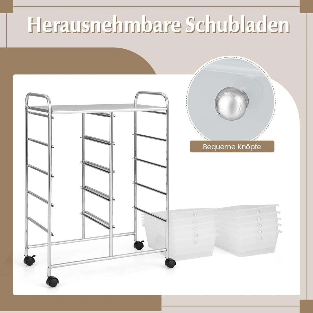 COSTWAY Rollwagen mit 10 stapelbaren Schubladen, Schubladenwagen Rollcontainer mit Metallgestell und