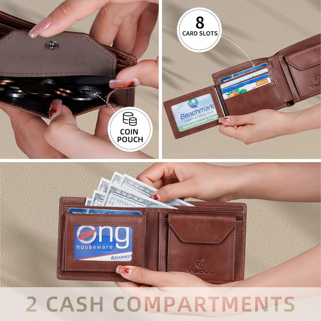 VISOUL Leder Geldbörse Herren mit ID-Fenster/Münzfach & RFID Schutz I Echtleder Geldbeutel für Männe