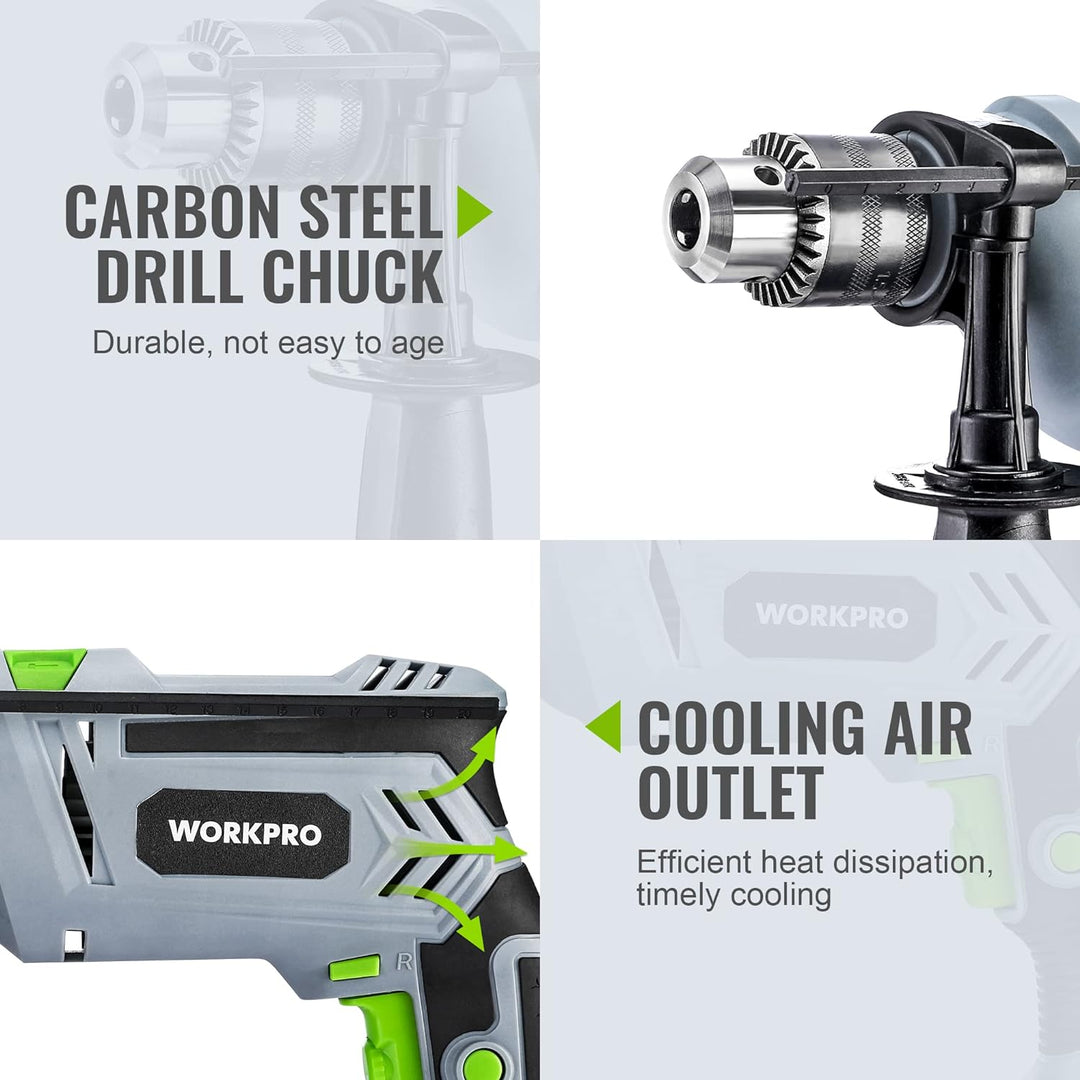 WORKPRO Schlagbohrmaschine 850W, Bohrmaschine 3000RPM, 2 in 1 Hammer und Bohrer mit 360° Drehgriff,