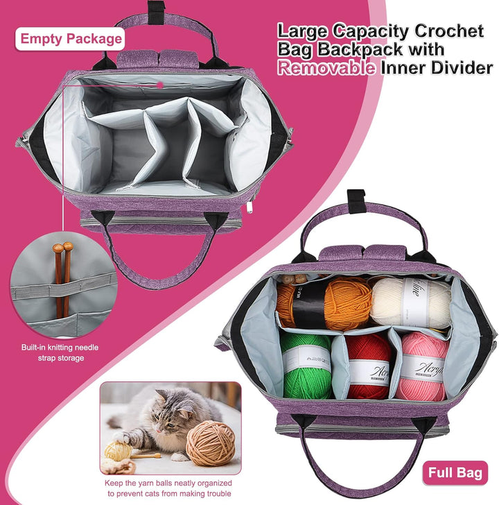 Coopay Multifunktion Stricktasche Rucksack, Reise Häkeltasche mit 6 Garnösen, Grosse Garnaufbewahrun