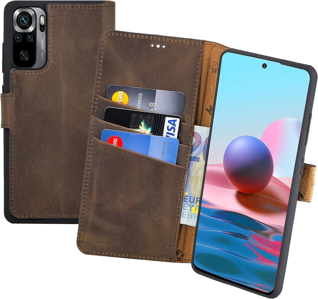 Suncase Book-Style Hülle kompatibel mit Xiaomi Redmi Note 10 Leder Tasche (Slim-Fit) Lederhülle Hand