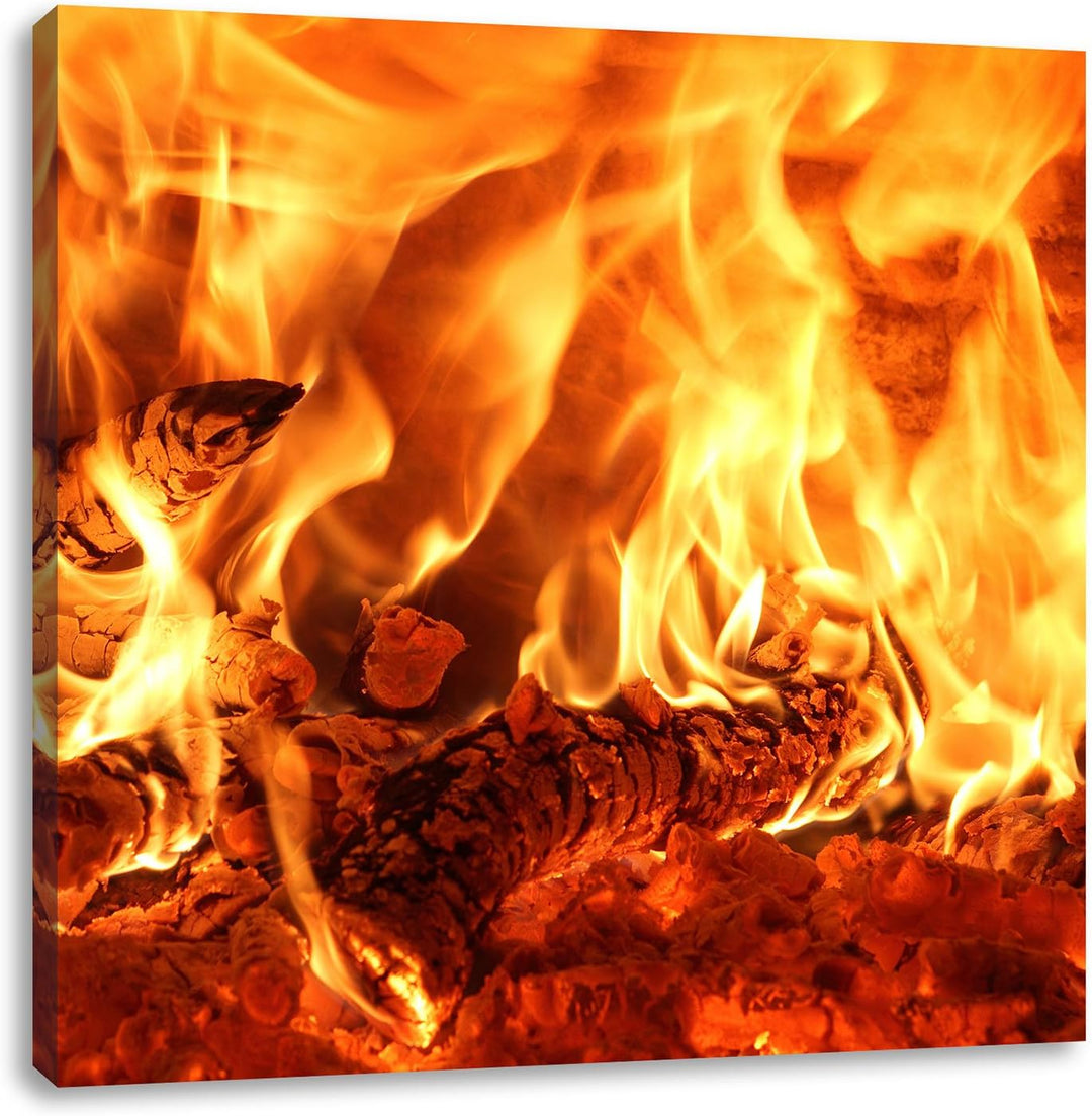 Gemütliches Holz im Feuer, Format: 70x70 auf Leinwand, XXL riesige Bilder fertig gerahmt mit Keilrah
