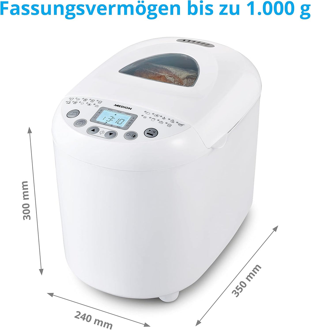 MEDION Brotbackautomat (Brotbackmaschine, 550 Watt, bis zu 1000g, 19 Backprogramme, 3 Bräunungsgrade