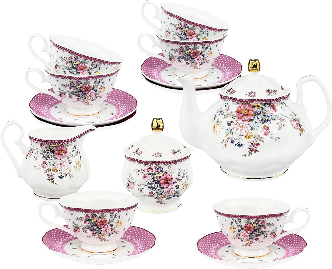 fanquare 21 Stück Porzellan Tee Party Set, Rosa Rose Blume Teetasse und Untertasse für 6 Personen, K