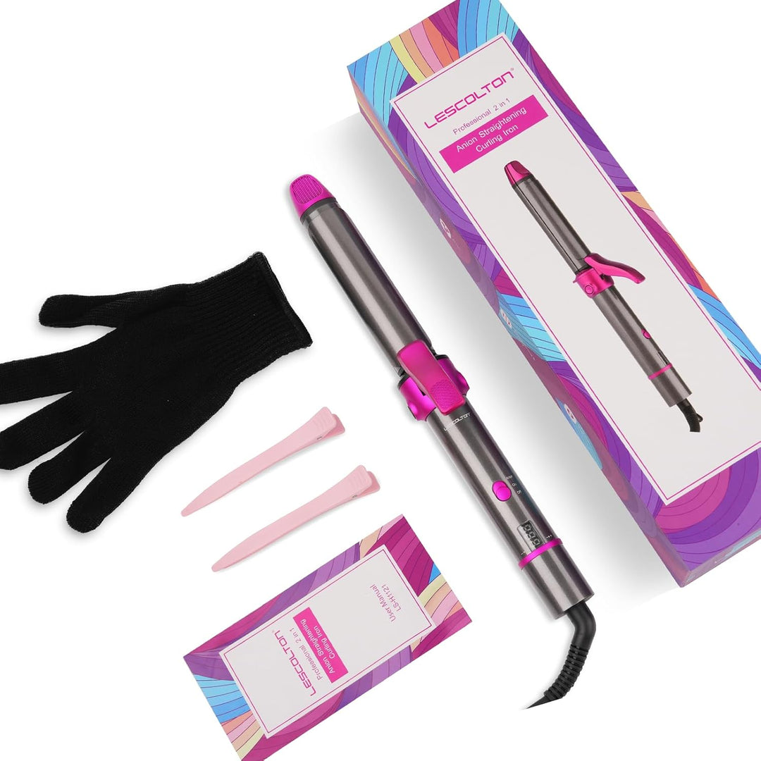 Lockenstab und Glätteisen 2 in 1, Nano-Titan-Beschichtung, Curler Iron mit LCD Display, 27 Einstellb