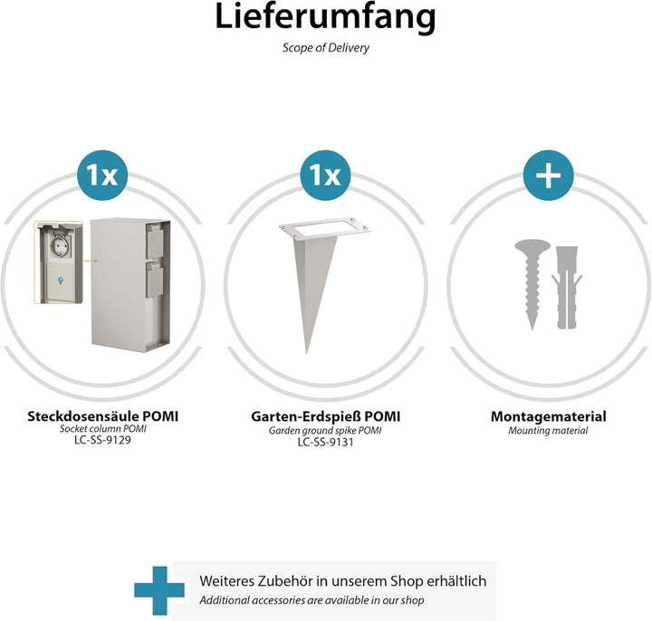ledscom.de Garten-Steckdosensäule POMI mit Erdspiess für aussen, IP44, Smart Home, WLAN, Alexa, 3-Fa