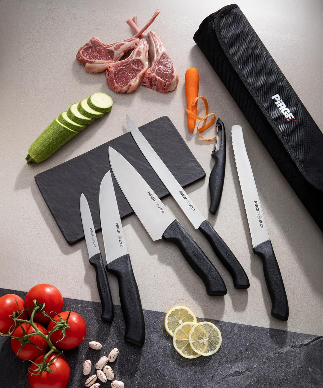 Pirge Ecco Starter Set Profi Messerset mit Tasche 7 Stück - Profi Kochmesser Set - Edelstahl Profi K