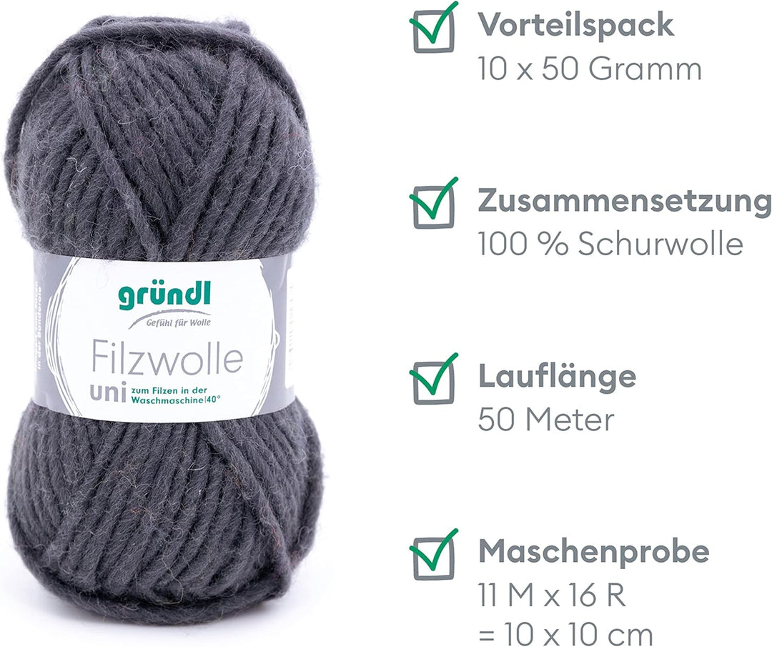 Gründl Filzwolle uni (Wolle zum Filzen, Stricken und Häkeln, Garn aus 100 % Schurwolle, 50 g / 50 m,