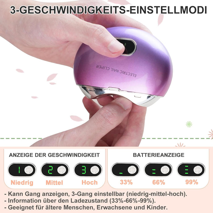 Automatischer elektrischer Nagelknipser mit 3 Geschwindigkeitsstufen und Nagelklammeraufbewahrung, L