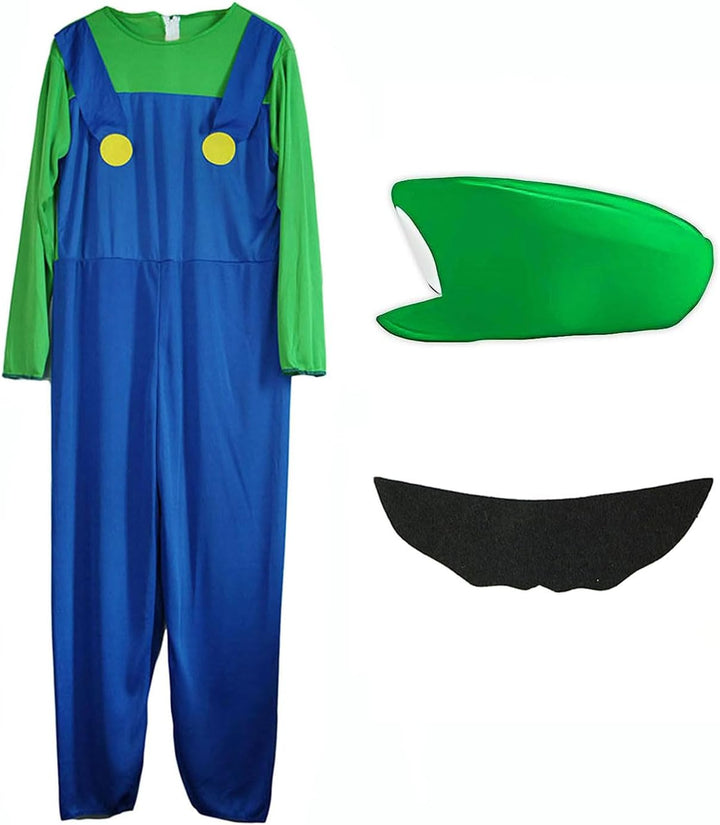 VISVIC Cosplay Kostüm Super Brothers Klempner, Kostüm mit Bodysuit, Cap und Schnurrbart, Karneval Ha